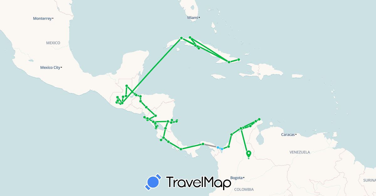 TravelMap itinerary: driving, bus, plane, boat in Colombia, Costa Rica, Cuba, Guatemala, Honduras, Nicaragua, Panama (North America, South America)